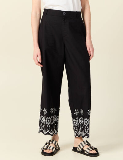 Pantalon large brodé 7/8ème noir femme