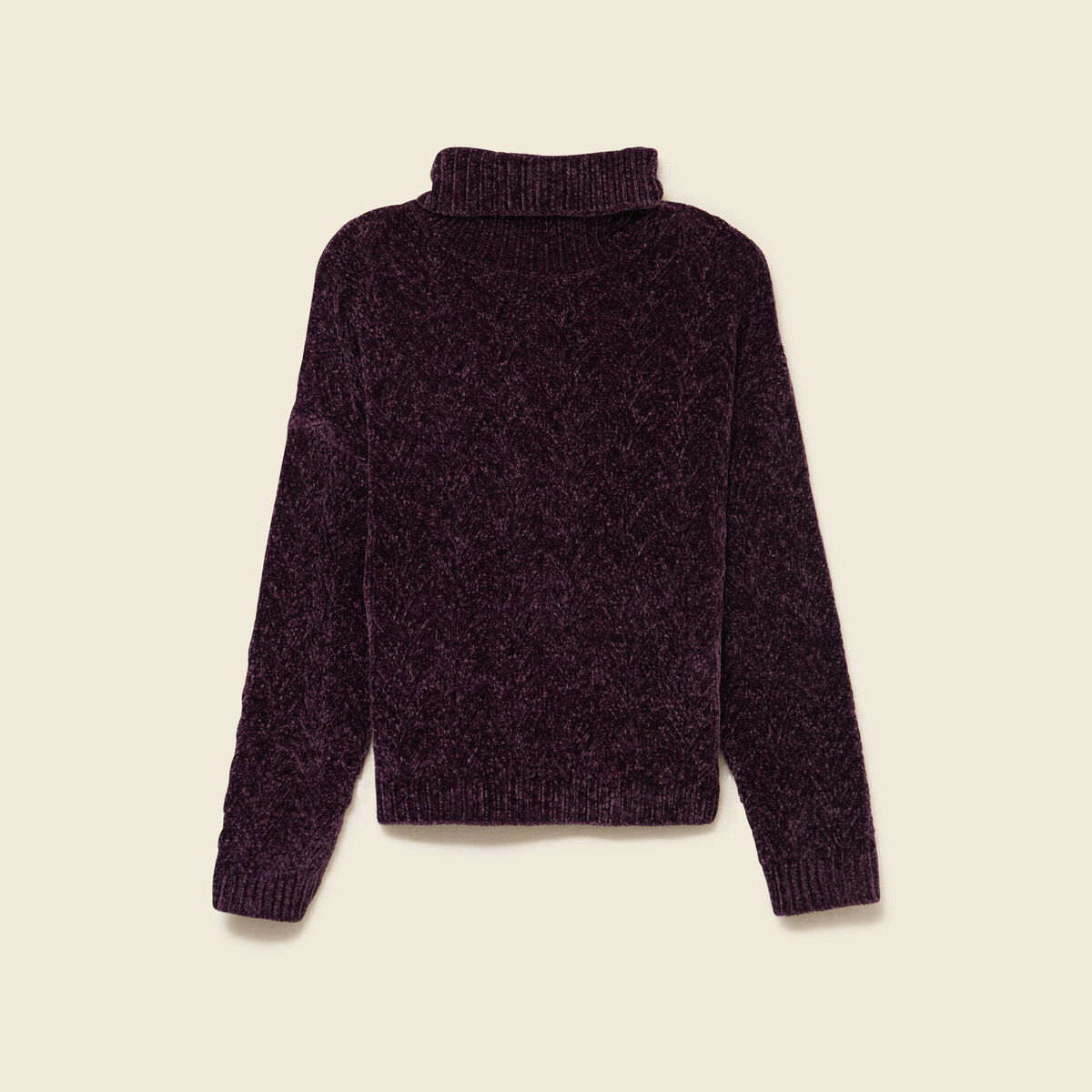 Pull col roul&eacute; manches longues prune femme