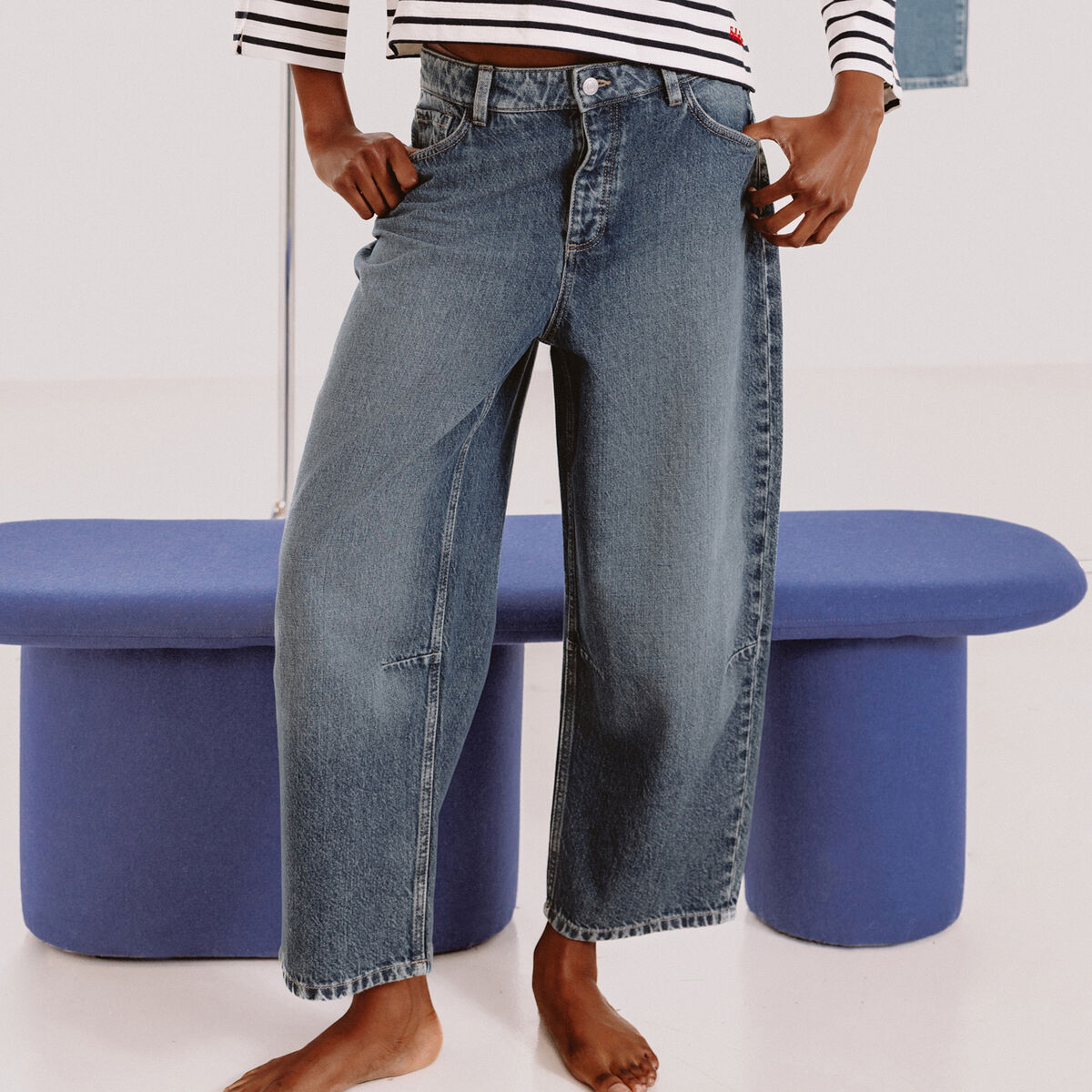 Jeans barrel 7/8&egrave;me taille standard denim used femme