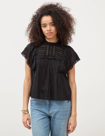 Blouse ample col montant manches courtes noir femme