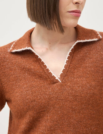 Pull droit col polo manches longues marron cognac femme