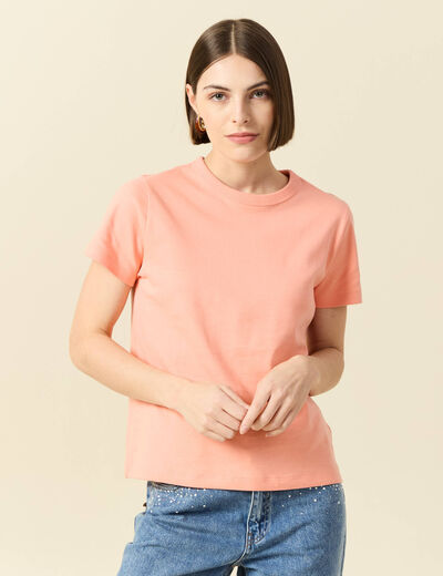 T-shirt cintr&eacute; col rond manches courtes rose corail femme