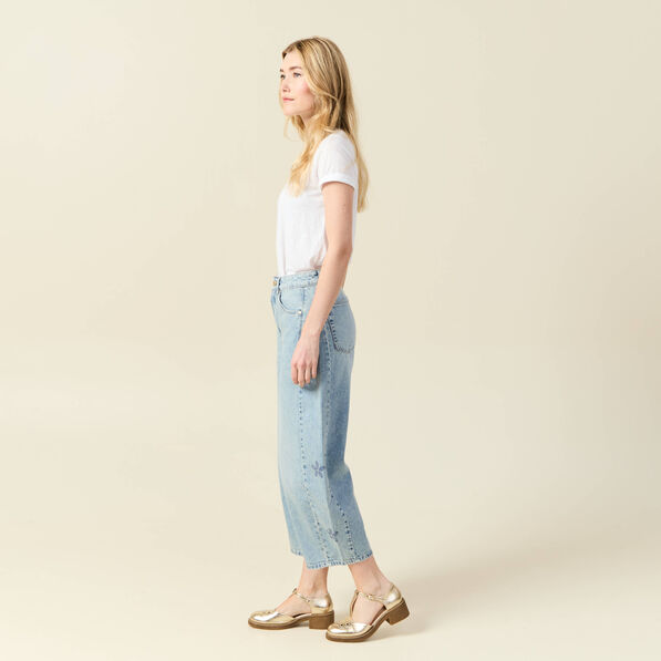 Jeans slouchy brodé 7/8ème denim bleach femme