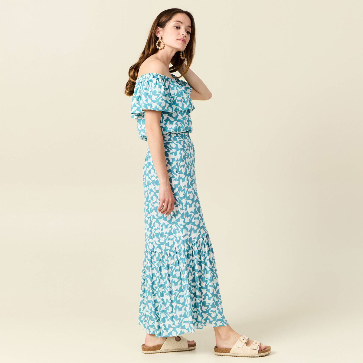 Jupe longue évasée fluide blanc femme