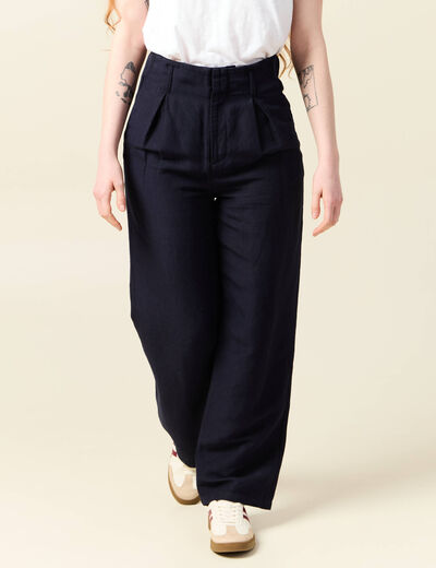 Pantalon large à pinces bleu foncé femme
