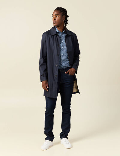 Chemise cintr&eacute;e en coton manches longues bleu marine homme