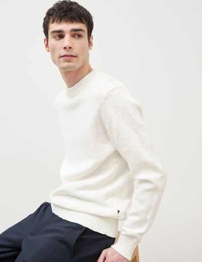 Pull col rond manches longues en coton ecru homme