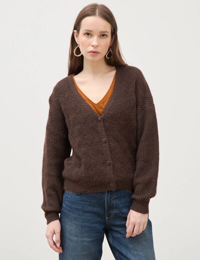 Gilet manches longues col v marron femme