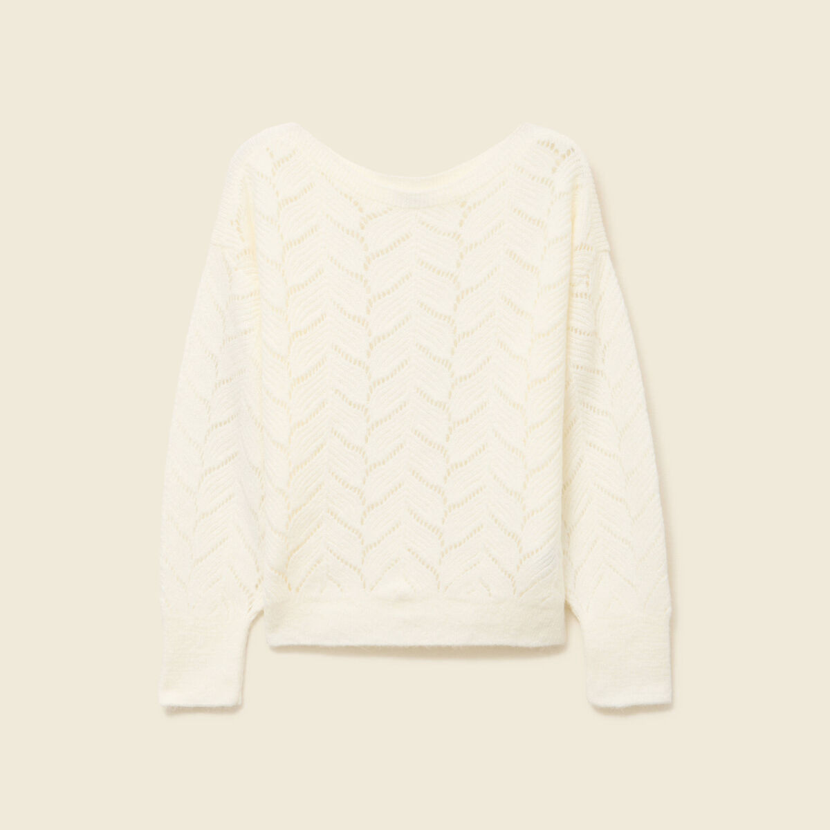 Pull ajour&eacute; col bateau manches longues ecru femme