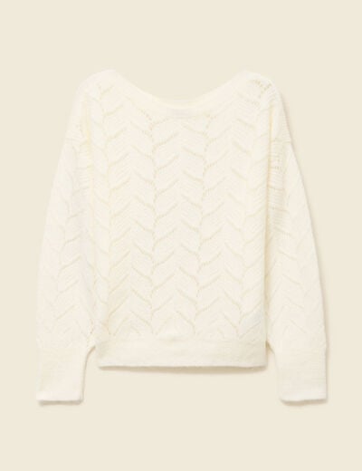 Pull ajour&eacute; col bateau manches longues ecru femme