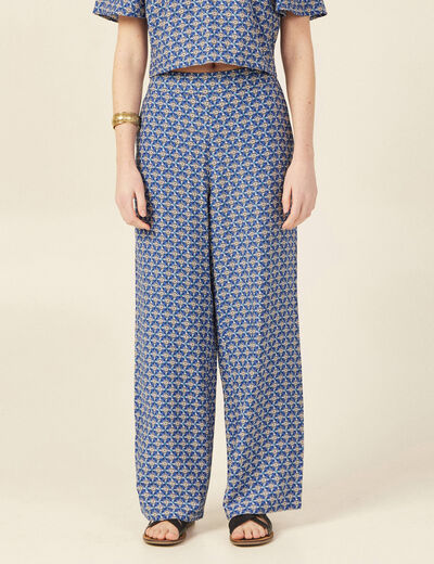 Pantalon large taille haute bleu femme