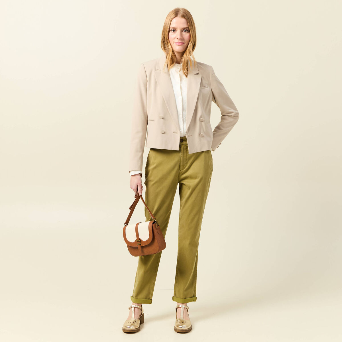 Pantalon chino cigarette vert olive femme