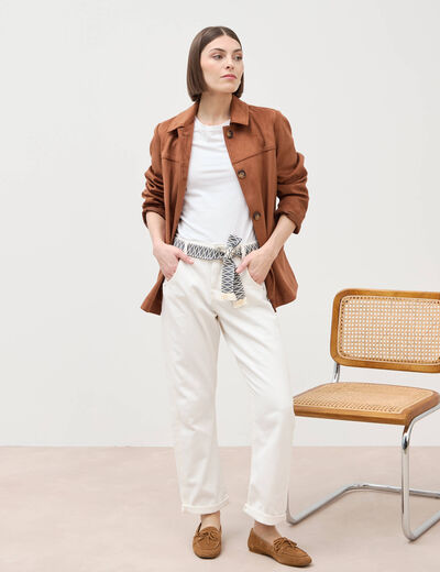 Jeans boyfriend ceintur&eacute; denim blanc femme