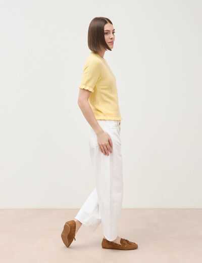 Pull droit col rond manches courtes jaune clair femme
