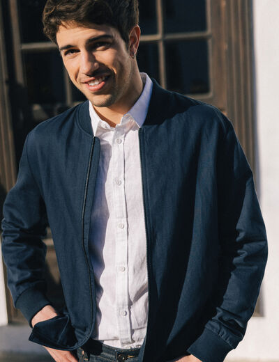 Blouson zippé col teddy bleu marine homme