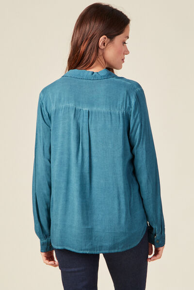 Blouse manches longues poches bleu pétrole femme