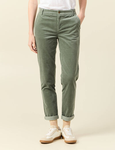 Pantalon chino velours côtelé vert kaki femme