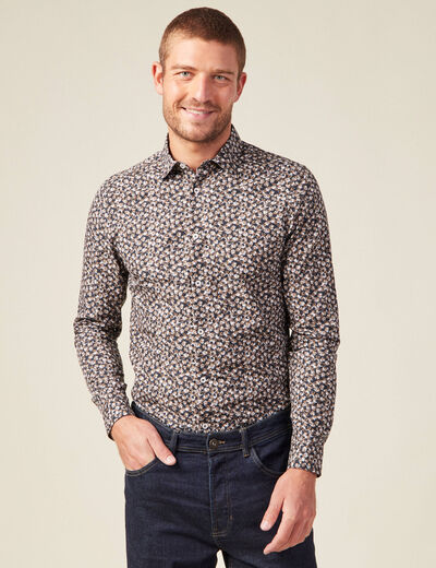 Chemise cintr&eacute;e en coton manches longues bleu marine homme