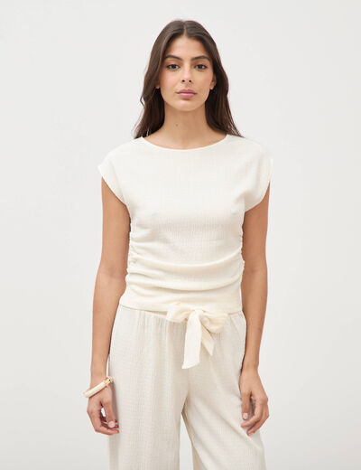 T-shirt ajust&eacute; sans manches creme femme