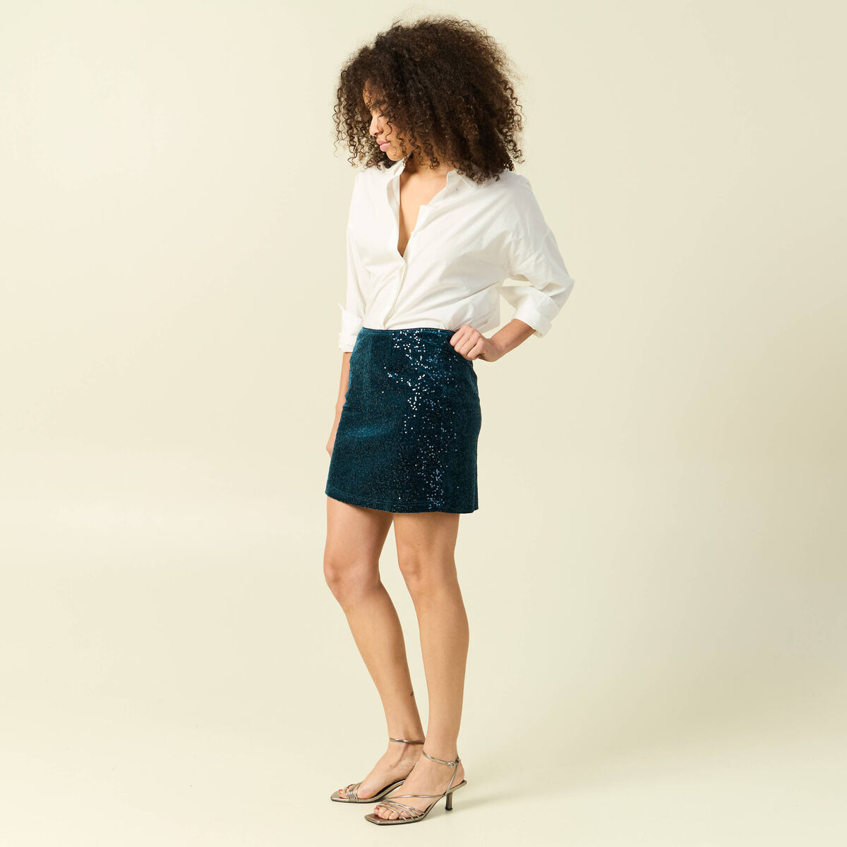 Jupe droite velours sequins bleu canard femme