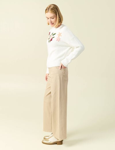 Pull col rond manches longues brod&eacute; ecru femme