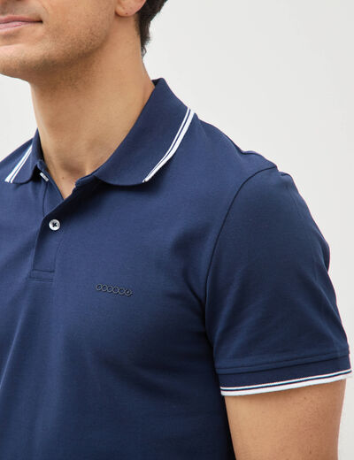 Polo cintr&eacute; en coton manches courtes bleu marine homme