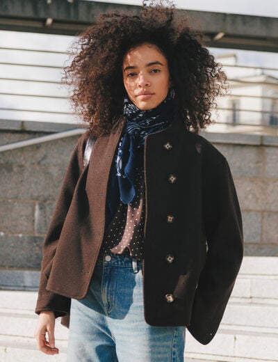 Veste oversize courte col tailleur marron fonc&eacute; femme
