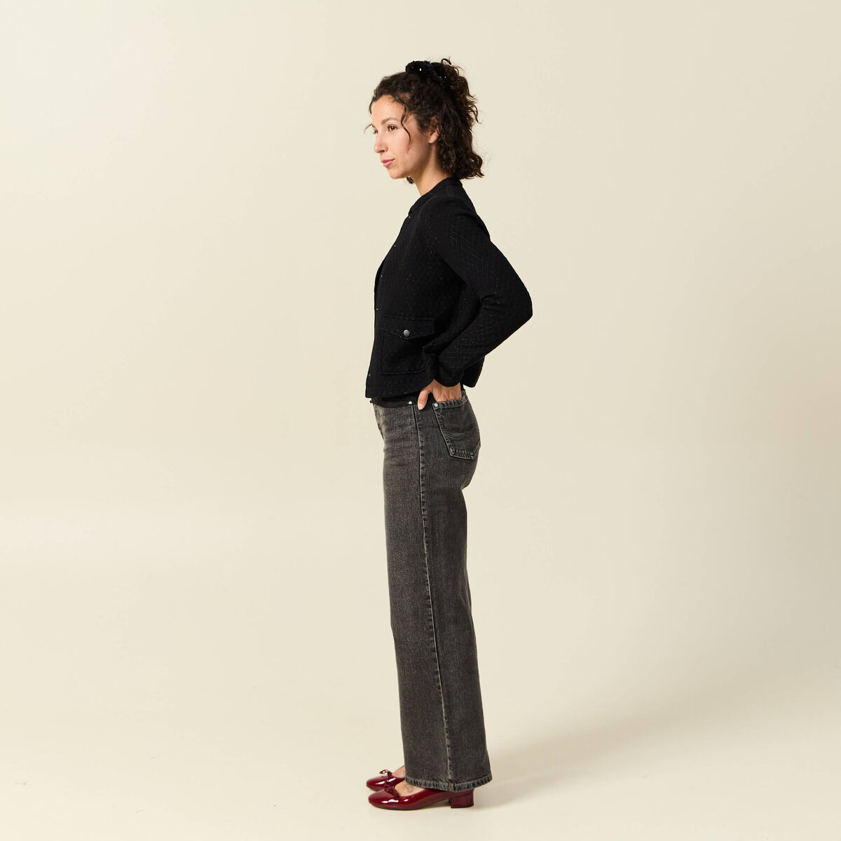 Veste droite courte col mao noir femme