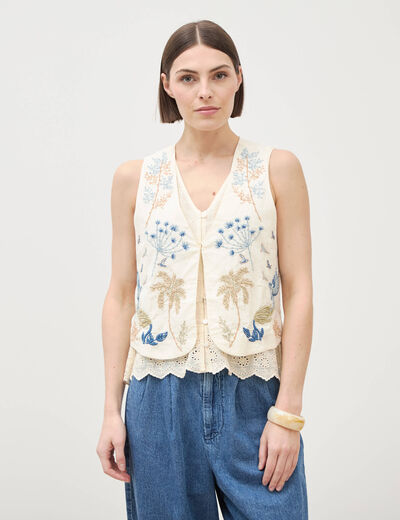 Gilet sans manches col v broderie ecru femme