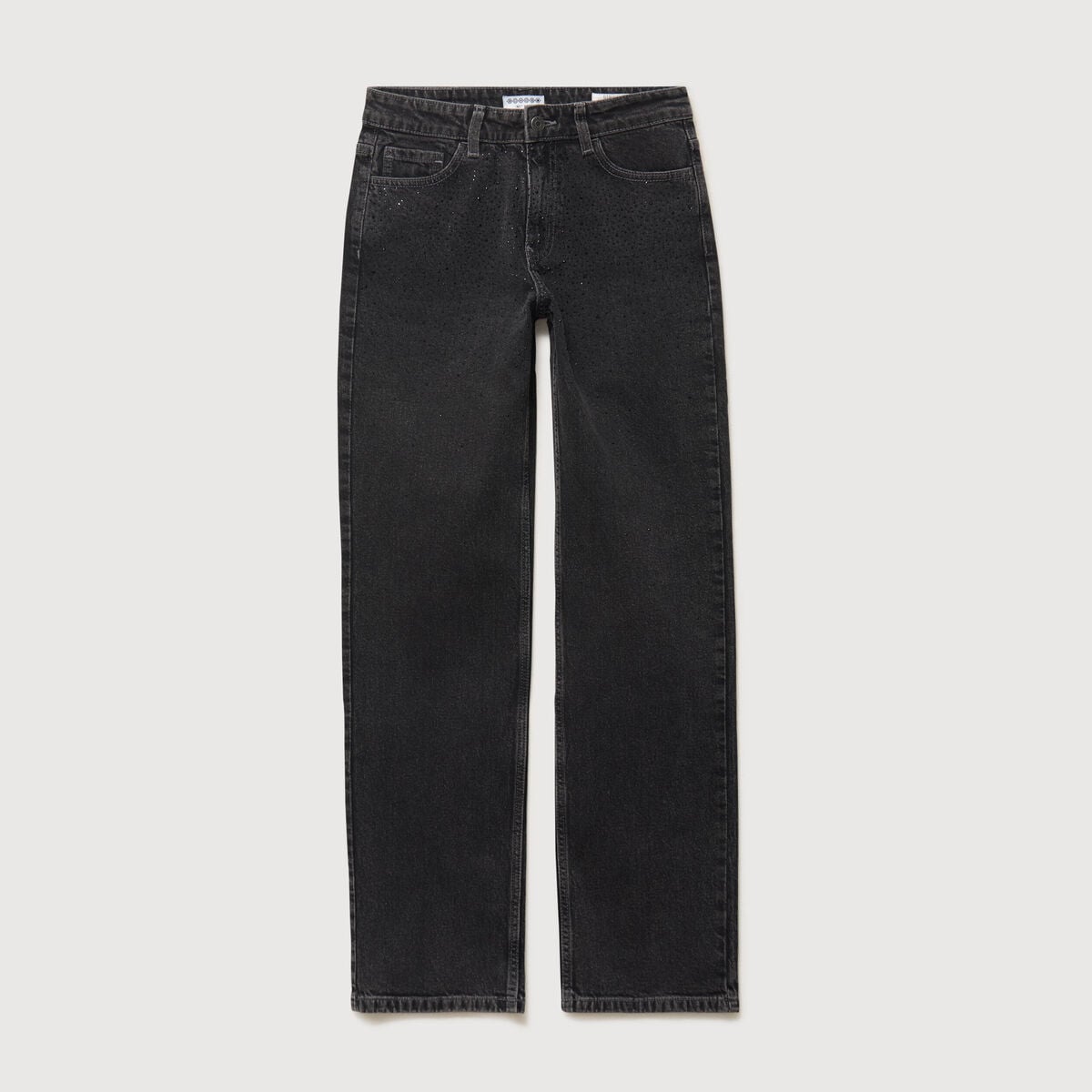 Jeans straight taille haute strass denim gris femme