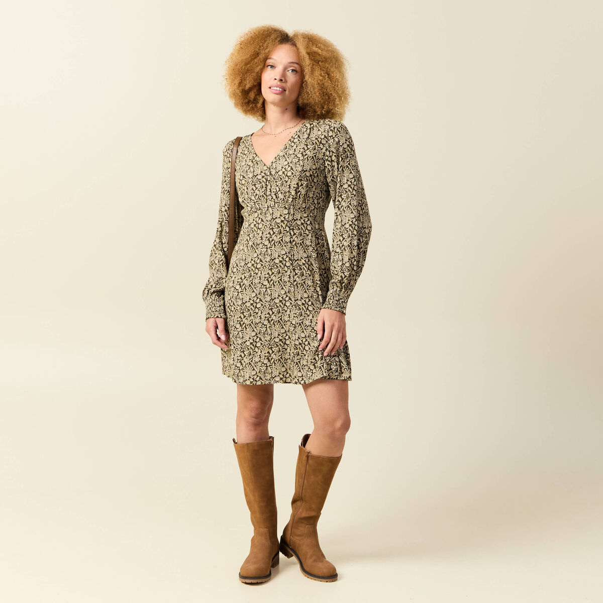 Robe manches longues vert fonc&eacute; femme