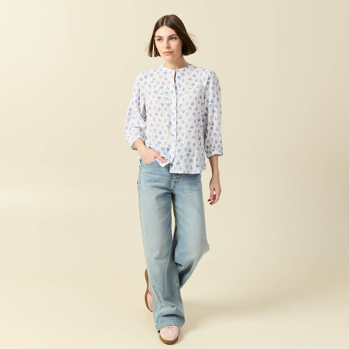Chemise &agrave; manches longues bleu femme