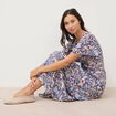 Robe droite 3/4 col v manches courtes bleu femme