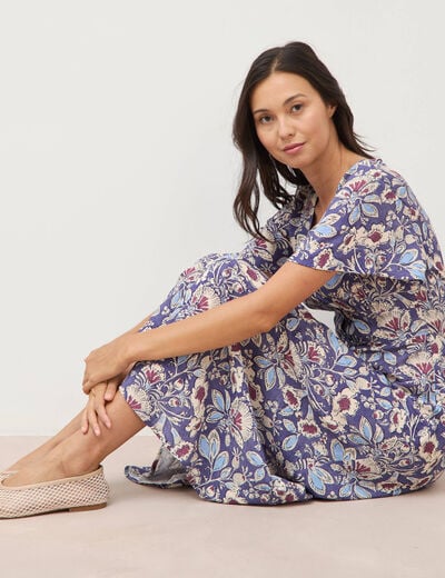 Robe droite 3/4 col v manches courtes bleu femme