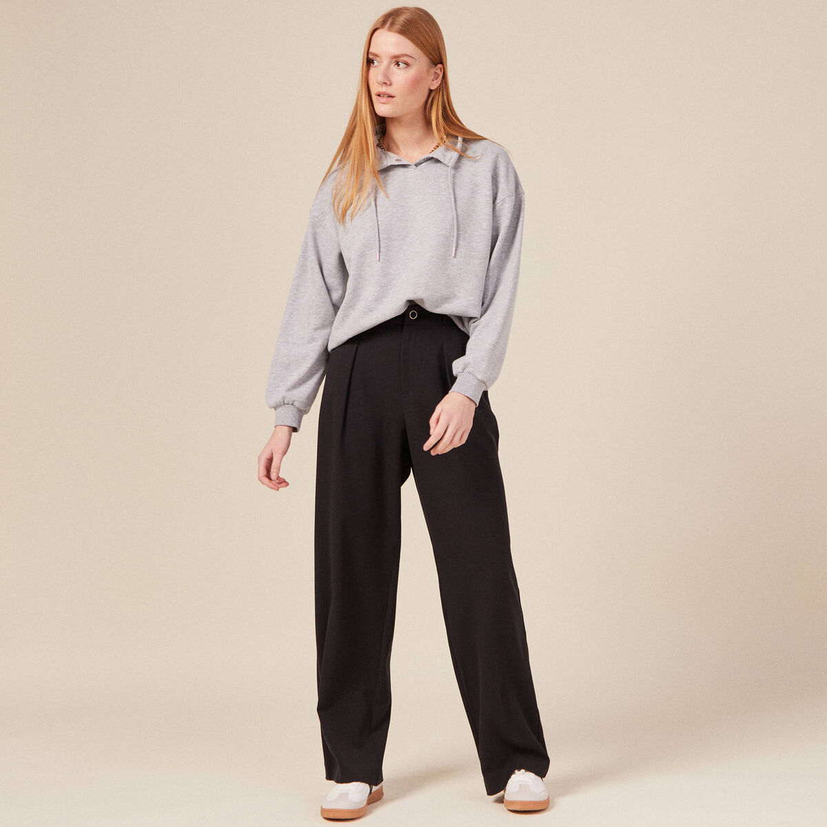 Sweat col camionneur boutonn&eacute; gris femme