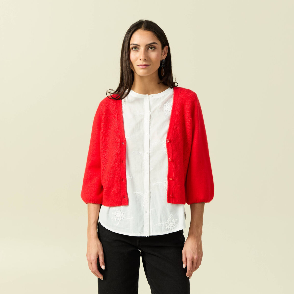Gilet manches 3/4 rouge fonc&eacute; femme