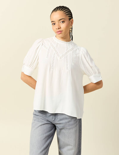 Blouse manches courtes col rond ecru femme