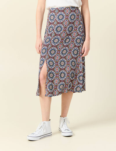 Jupe midi droite fendue bleu marine femme