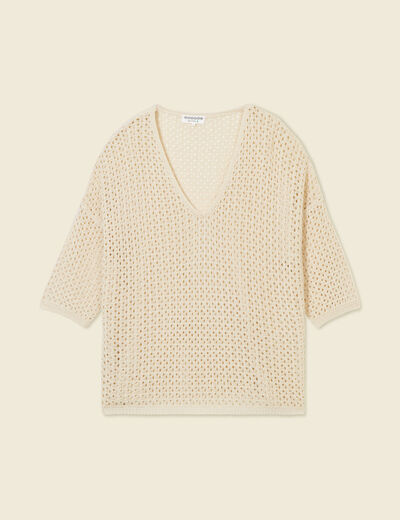 Pull ajour&eacute; col v manches 3/4 creme femme