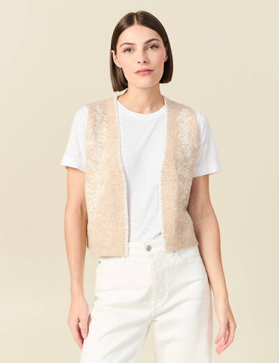Gilet sans manches col v brod&eacute; creme femme