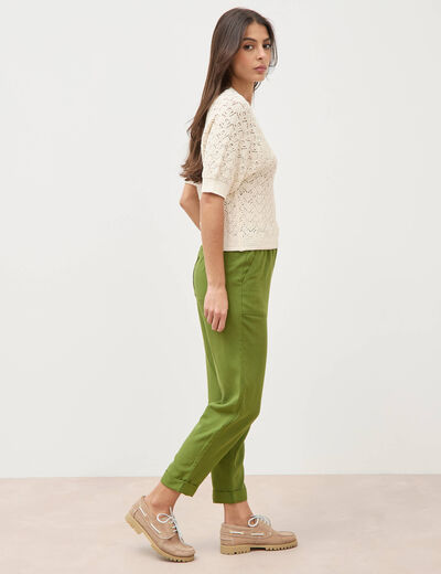 Pull droit court ajour&eacute; manches courtes camel femme