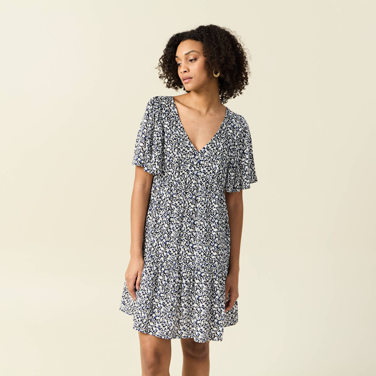 Robe évasée manches courtes bleu femme