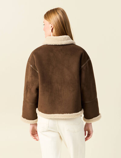 Manteau oversize court col classique marron fonc&eacute; femme