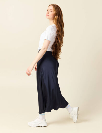 Jupe longue droite satin bleu marine femme