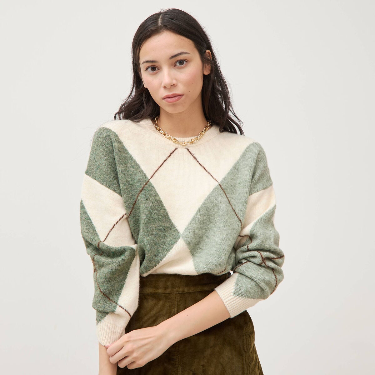 Pull col rond manches longues vert pastel femme