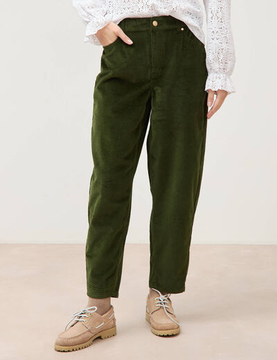 Pantalon barrel taille haute velours vert fonc&eacute; femme