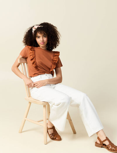 T-shirt en coton manches courtes marron cognac femme