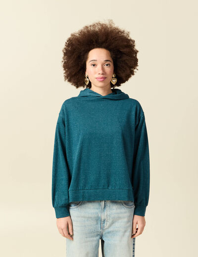 Sweat &agrave; capuche manches longues brillant bleu canard femme