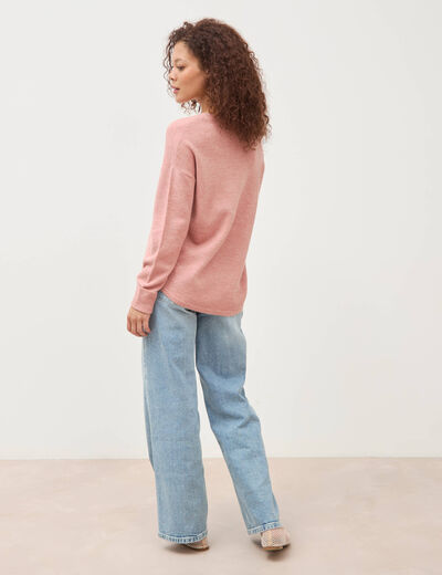 Pull manches longues col en V rose clair femme