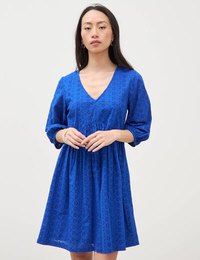 Robe droite courte col v manches 3/4 bleu electrique femme